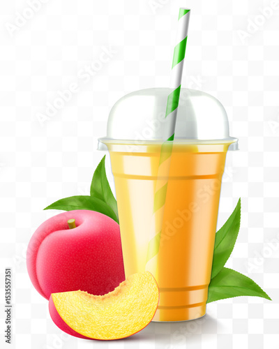 Clear plastic cup with plum juice or smoothie. Fruit cocktail. Cup with sphere dome cap for milkshake, lemonade, cold or hot drink. Mug of fruity organic shake. Realistic 3d vector template