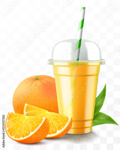 Clear plastic cup with orange juice or smoothie. Cup with sphere dome cap for milkshake, lemonade. Fruity organic shake with ice cube. Fruit cocktail. Realistic 3d vector template