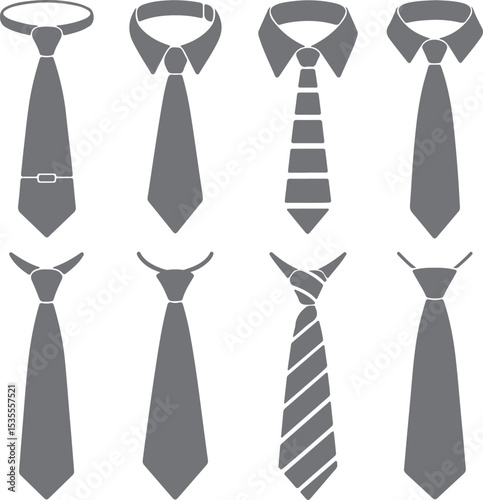 Eight Gray Necktie Silhouettes Various Styles and Knots Business Attire Fashion Icons Set