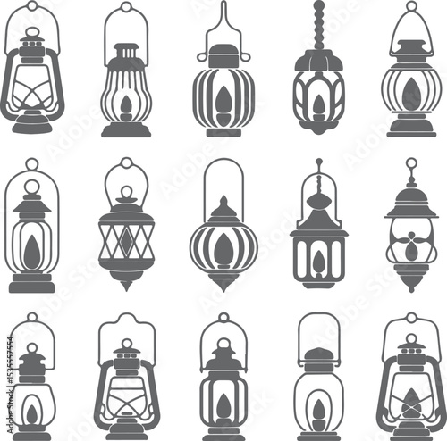 Fifteen Gray Silhouette Oil Lamps Lantern Icons Set Various Styles Hanging and Tabletop Designs