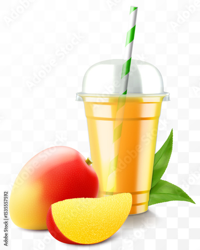 Clear plastic cup with mango juice or smoothie. Fruit cocktail. Cup with sphere dome cap for milkshake, lemonade, cold or hot drink. Mug of fruity organic shake. Realistic 3d vector template
