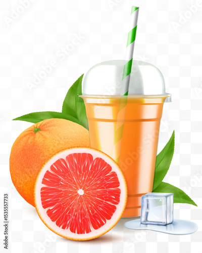 Clear plastic cup with grapefruit juice or smoothie. Cup with sphere dome cap for milkshake, lemonade. Fruity organic shake with ice cube. Fruit cocktail. Realistic 3d vector template