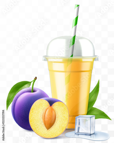 Clear plastic cup with plum juice or smoothie. Fruit cocktail. Cup with sphere dome cap for milkshake, lemonade, cold or hot drink. Mug of fruity organic shake. Realistic 3d vector template