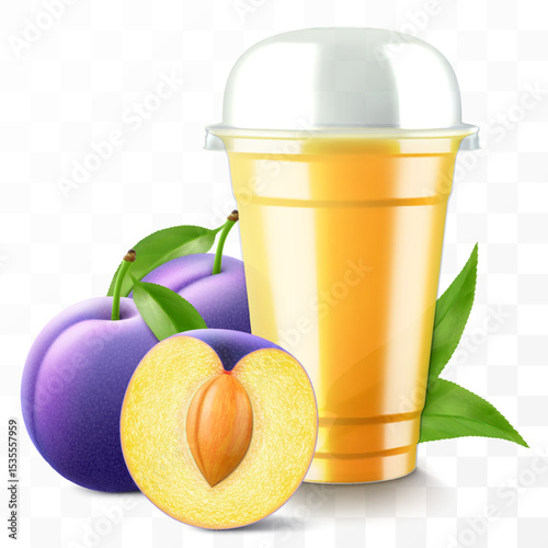 Clear plastic cup with plum juice or smoothie. Fruit cocktail. Cup with sphere dome cap for milkshake, lemonade, cold or hot drink. Mug of fruity organic shake. Realistic 3d vector template