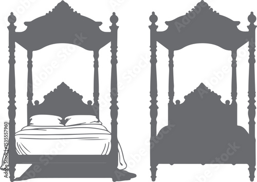 Gray Silhouette of Ornate Four Poster Bed Front and Side Views Bedding Included bed silhouette