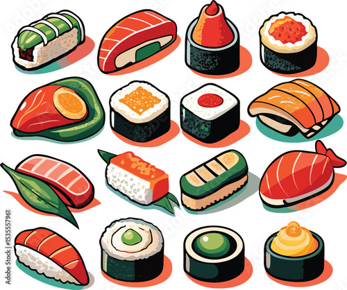 Colorful and stylized collection of various sushi rolls and nigiri vector illustration