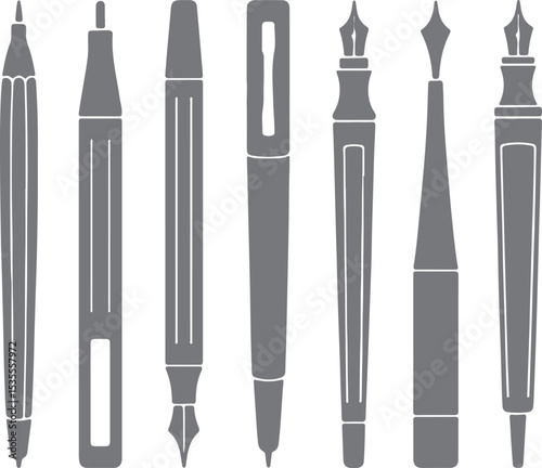 Gray Silhouette Set of Eight Writing Instruments Including Pencil Pen Marker and Fountain Pens Various Styles and Designs