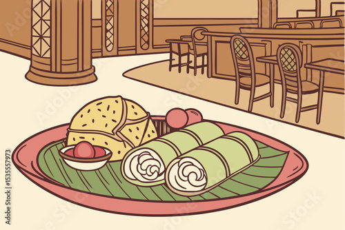 Cartoon vector drawing of a sweet breakfast meal with bread and chicken on a plate in a white kitchen interior