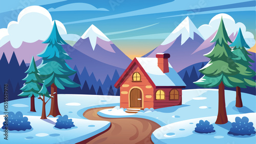 Cozy Winter Cabin Scene with SnowCapped Mountains and Evergreen Trees Illustration