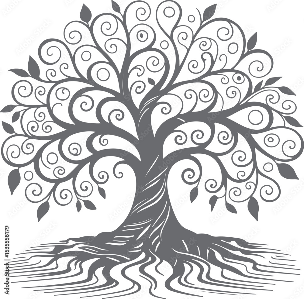 Obraz premium Ornate Gray Silhouette Tree with Swirling Branches and Extensive Root System Detailed Illustration