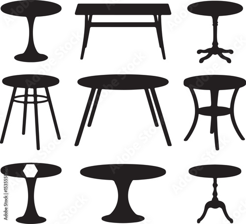 Nine Black Silhouette Table Designs Round Coffee Tables Side Tables Dining Tables Various Styles and Shapes Home Furniture Set