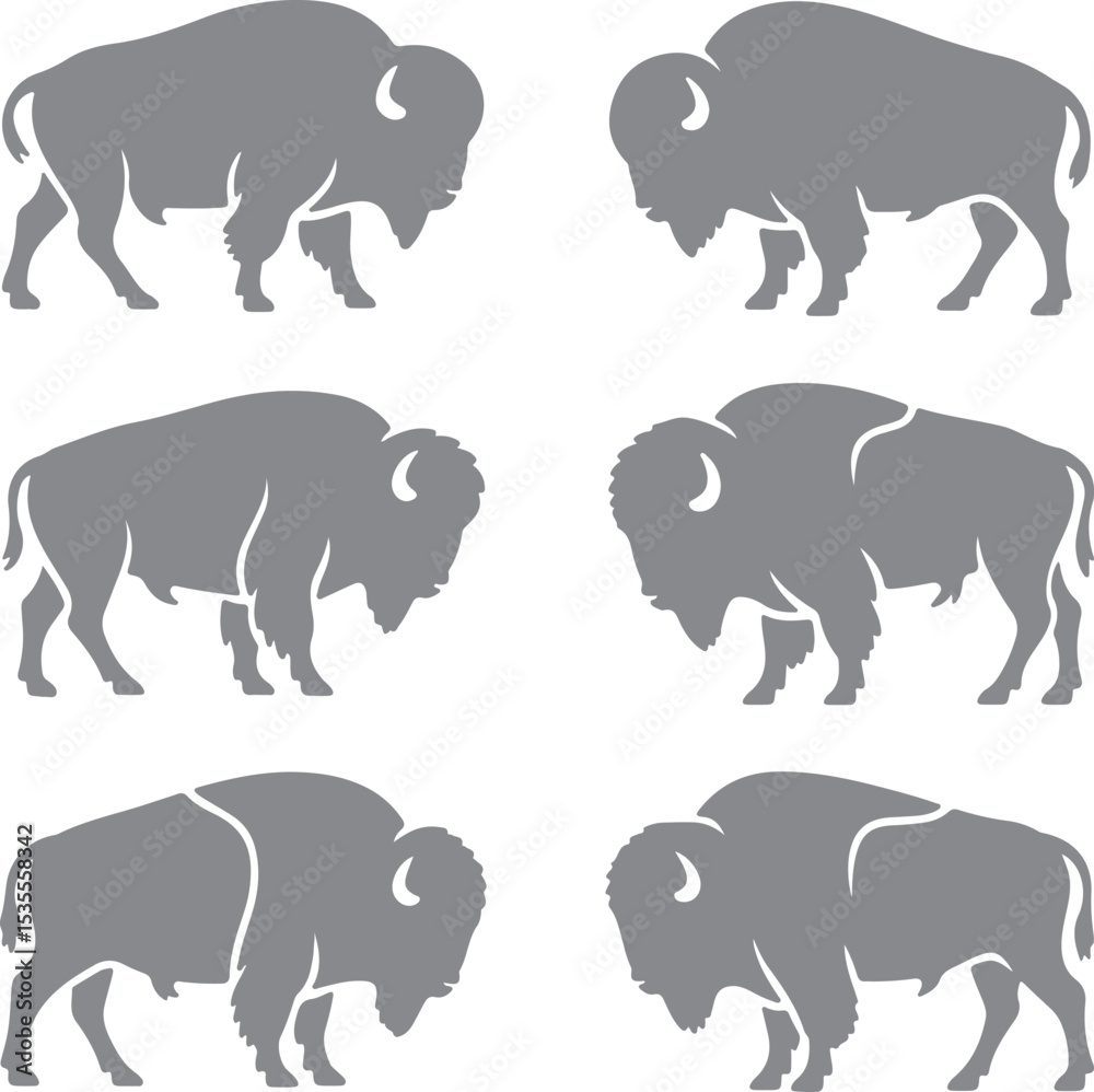 Fototapeta premium Six Grey Bison Silhouettes Different Poses American Buffalo Animal Wildlife Set Graphic Design Elements
