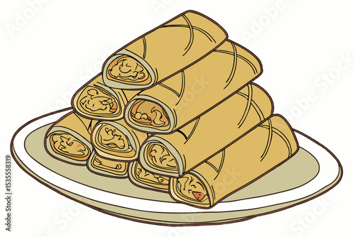 Freshly baked bread and sweet cake slices are isolated on a white plate, perfect for a delicious breakfast or dessert