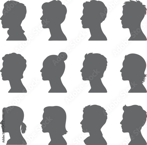 Twelve Gray Human Head Silhouettes Profile Views Diverse Hairstyles Men Women Collection