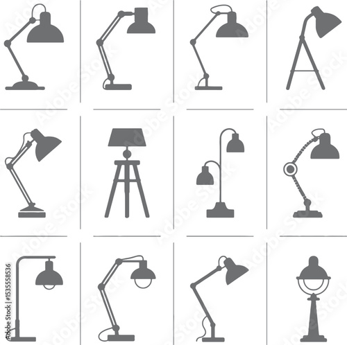 Twelve Gray Silhouette Lamp Icons Set Different Styles Table Lamps Floor Lamps Desk Lamps Modern Minimalist Lighting Design Elements