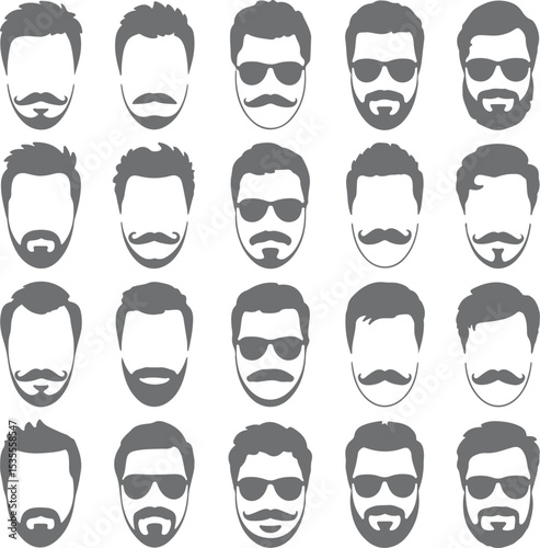 Twenty Grey Silhouette Icons of Men with Various Hairstyles Mustaches and Beards Some Wearing Sunglasses
