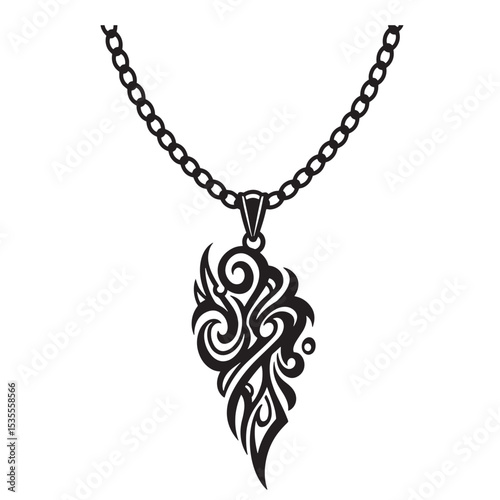 Elegant black chain necklace with abstract tribal pendant, simple silhouette illustration, modern fashion accessory design.