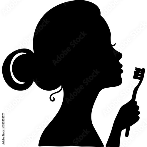 Woman holding toothbrush in profile silhouette for dental care  