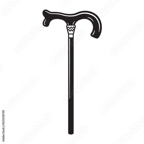 Elegant black silhouette illustration depicting a classic walking cane for mobility aid elderly support or vintage fashion accessory design