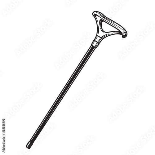 Elegant hand drawn black and white silhouette illustration of a classic walking cane depicting mobility and grace