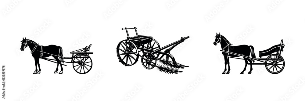 Fototapeta premium Farm Machinery Silhouette Vector – Harvest Tools and Rural Equipment Clipart Set design