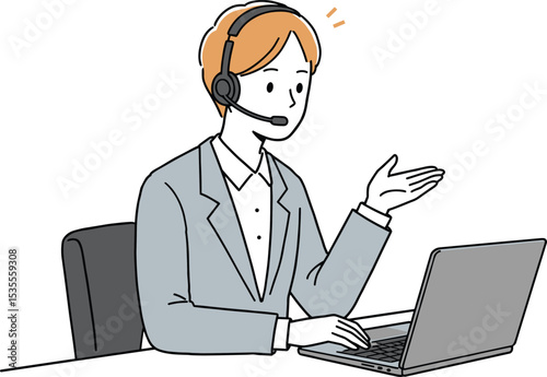 Customer Support Agent – Laptop, Headset – Online Consultation, Remote Work – Virtual Assistant Illustration, Tech Service Representative

