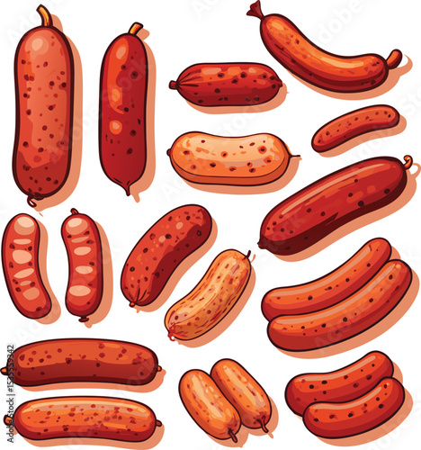 Assortment of delicious cooked sausages a colorful vector illustration food collection