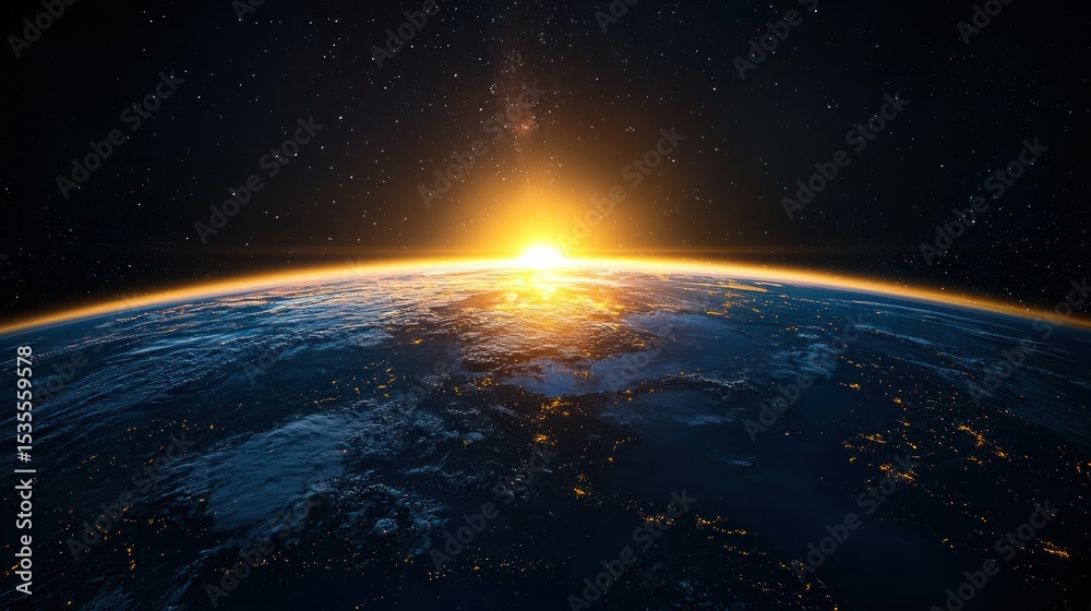 Fototapeta premium Earth rising, sunrise from space. Vast expanse of Earth's surface, bathed in golden sunrise light. Visible clouds, continents, and ocean. A spectacular view of our planet from outer space