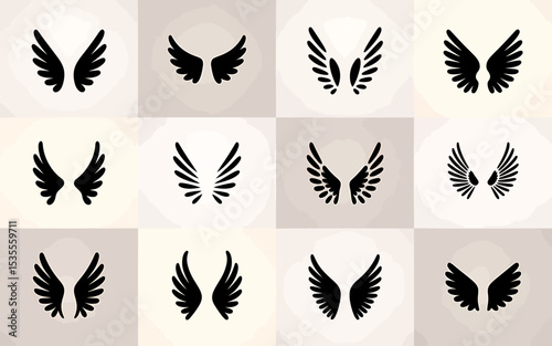 A Digital Illustration of Twelve Meticulously Crafted Wing Designs A Collection of Elegant and Symbolic Vector Graphics
