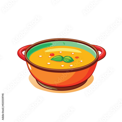 Colorful cartoon bowl of soup with fresh basil for food and culinary designs