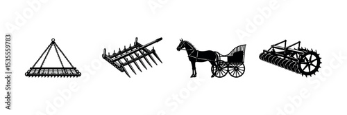 Farm Machinery Silhouette Vector – Harvest Tools and Rural Equipment Clipart Set design