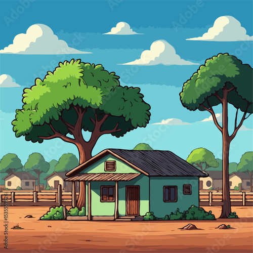 Cartoon house in sunny rural landscape