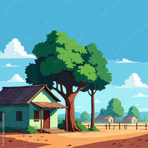 Cartoon house in sunny rural landscape