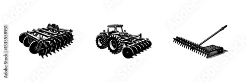 Farm Machinery Silhouette Vector – Harvest Tools and Rural Equipment Clipart Set design