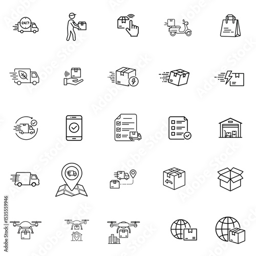 Set of 25 delivery-themed vector icons in minimalist style, shipping and logistics collection. Ideal for logistics apps, e-commerce websites, delivery service branding, and marketing materials.