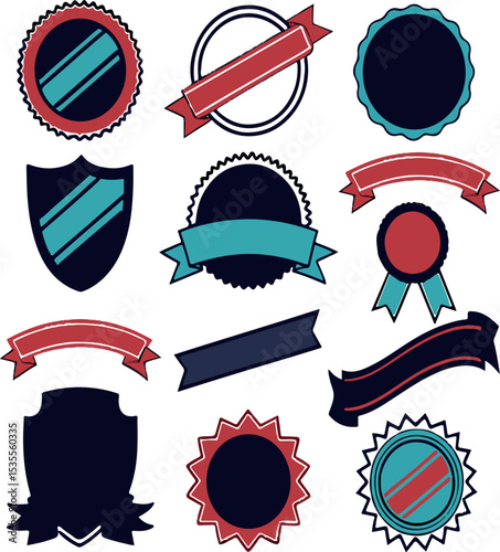 Collection of various decorative badges ribbons shields and emblems isolated on white background