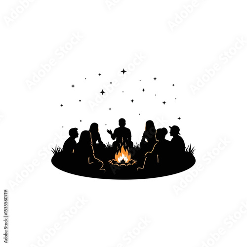 Silhouette: Friends Around Campfire Sharing Stories  Warmth & Companionship