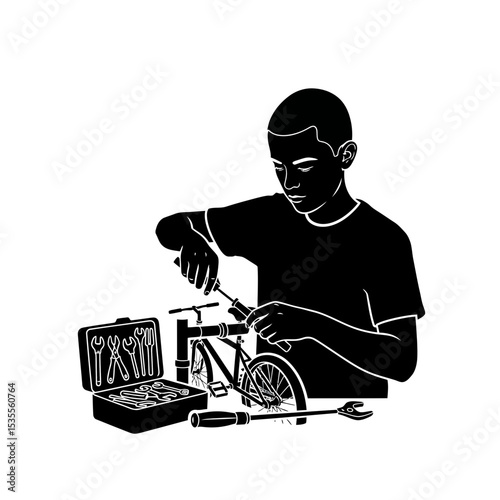 Silhouette: Youth Repairing Bicycle with Toolkit  Hands-On Technical Skills