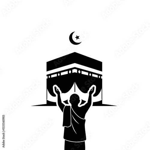 Silhouette: Pilgrim Raising Hands in Prayer at Kaaba  Hajj Devotion