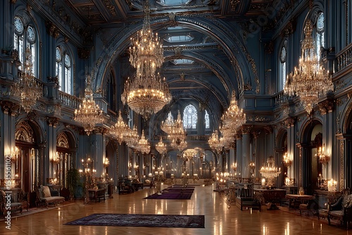 Royal palace interior with chandelier lighting high resolution image