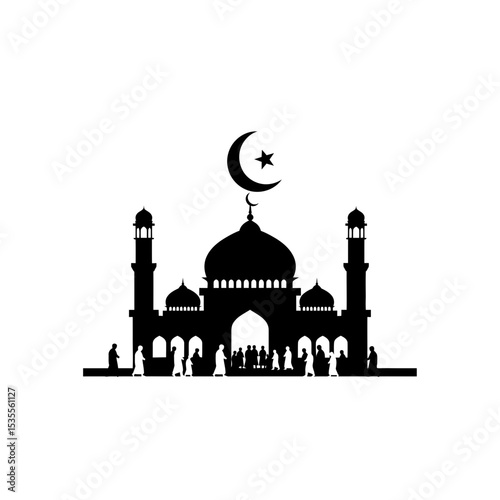Silhouette: Mosque Illuminated Under Crescent Moon  Evening Prayer