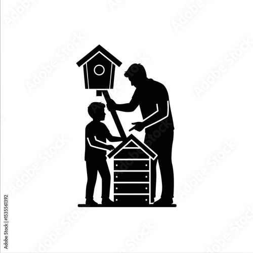 Silhouette: Father & Teenager Building Birdhouse  Bonding & Guidance