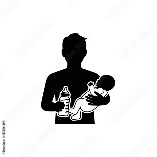 Silhouette: Father Holding Baby & Milk Bottle  Parental Care & Nurturing