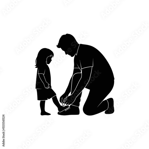 Black Silhouette Icon A dad tying a child’s shoelaces with a gentle posture, 