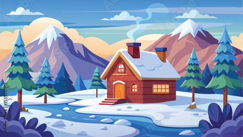 Cozy Log Cabin by a Frozen River in Snowy Mountain Scenery Art
