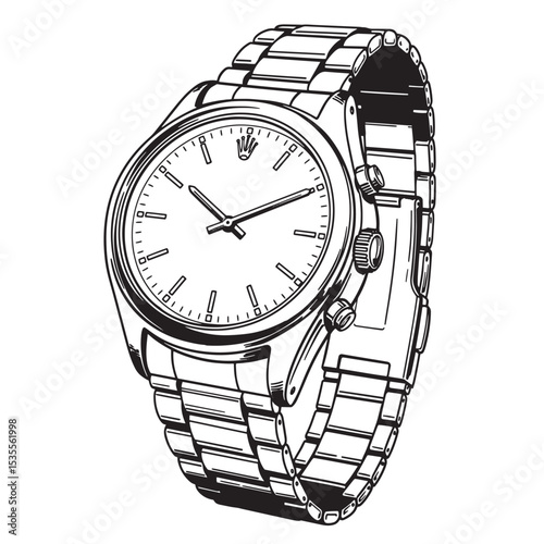 Elegant wristwatch in detailed black and white silhouette featuring a sophisticated design and iconic style of luxury timepieces.