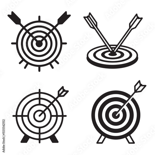 Four black and white silhouette target icon illustrations representing aiming success goals and business concepts with arrows at bullseye
