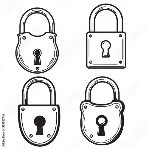 Four hand drawn silhouette padlocks of various shapes illustrating security privacy and protection of sensitive data