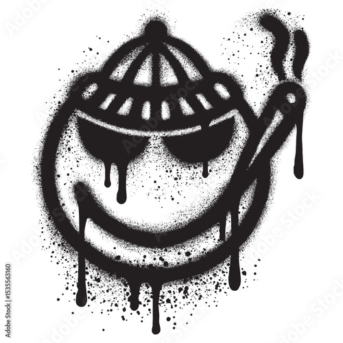spray painted laughing emoji graffiti wearing a beanie and glasses