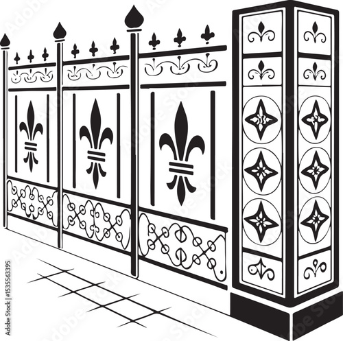 Detailed vector illustration of a decorative black and white wrought iron gate